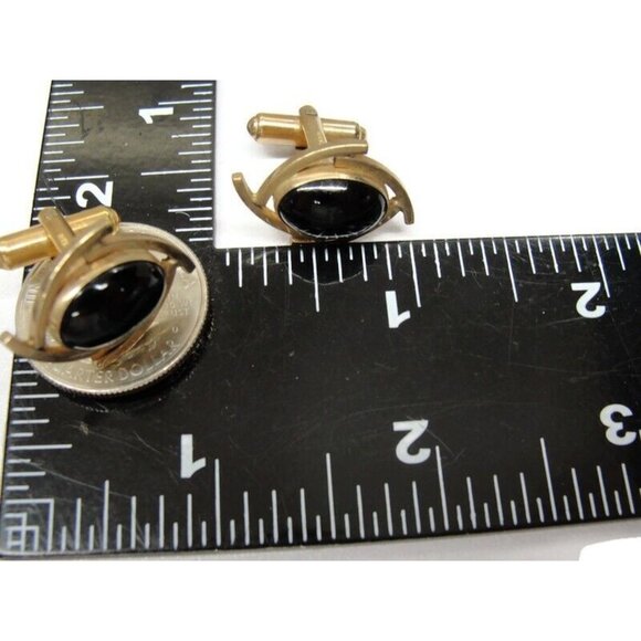 Vintage Cufflinks 1/20 12K Gold Filled Black Onyx Swept Design Signed Janice - Picture 7 of 10